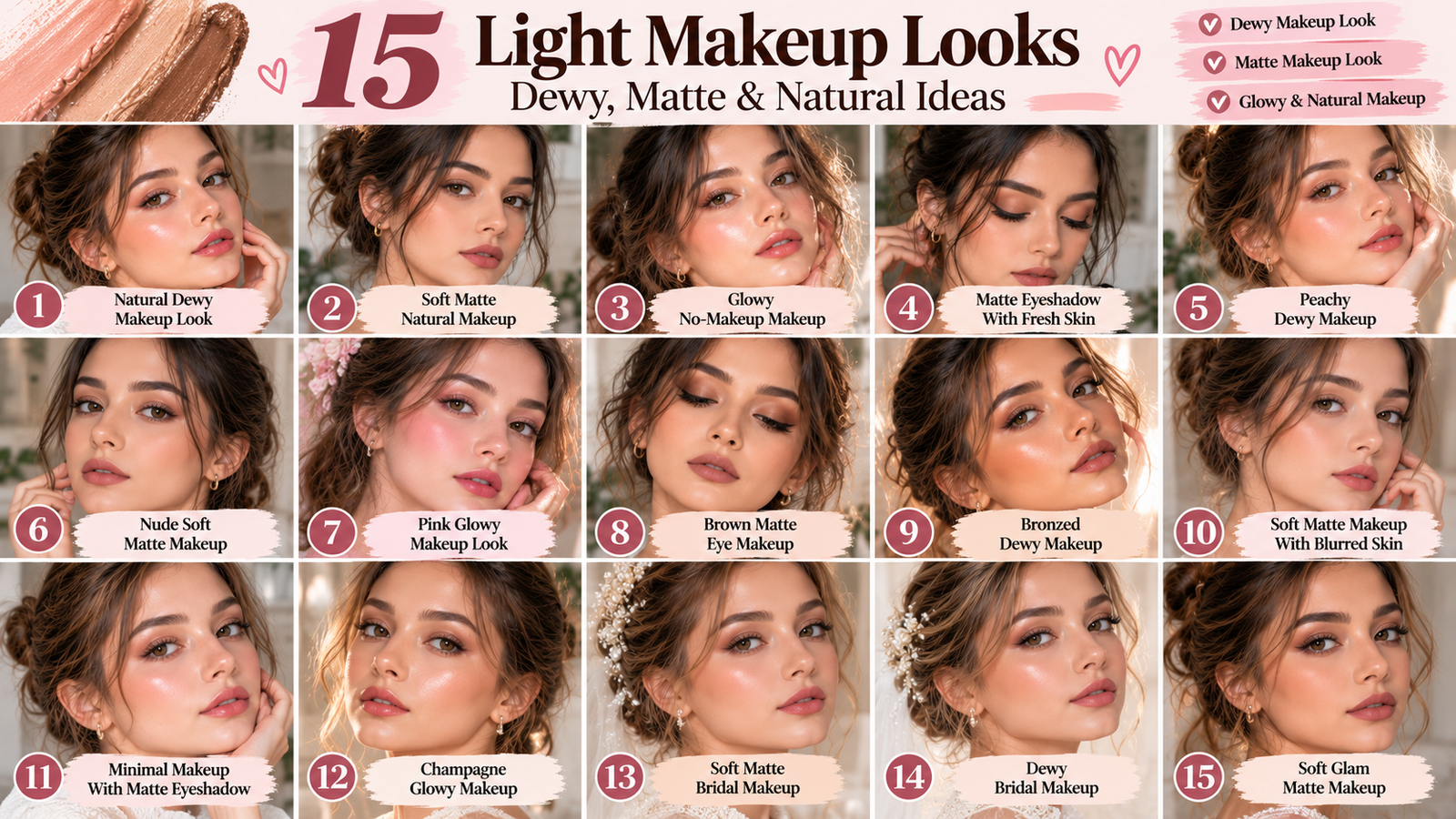Light makeup looks featuring dewy makeup, soft matte makeup, glowy skin, matte eyeshadow, and natural bridal makeup