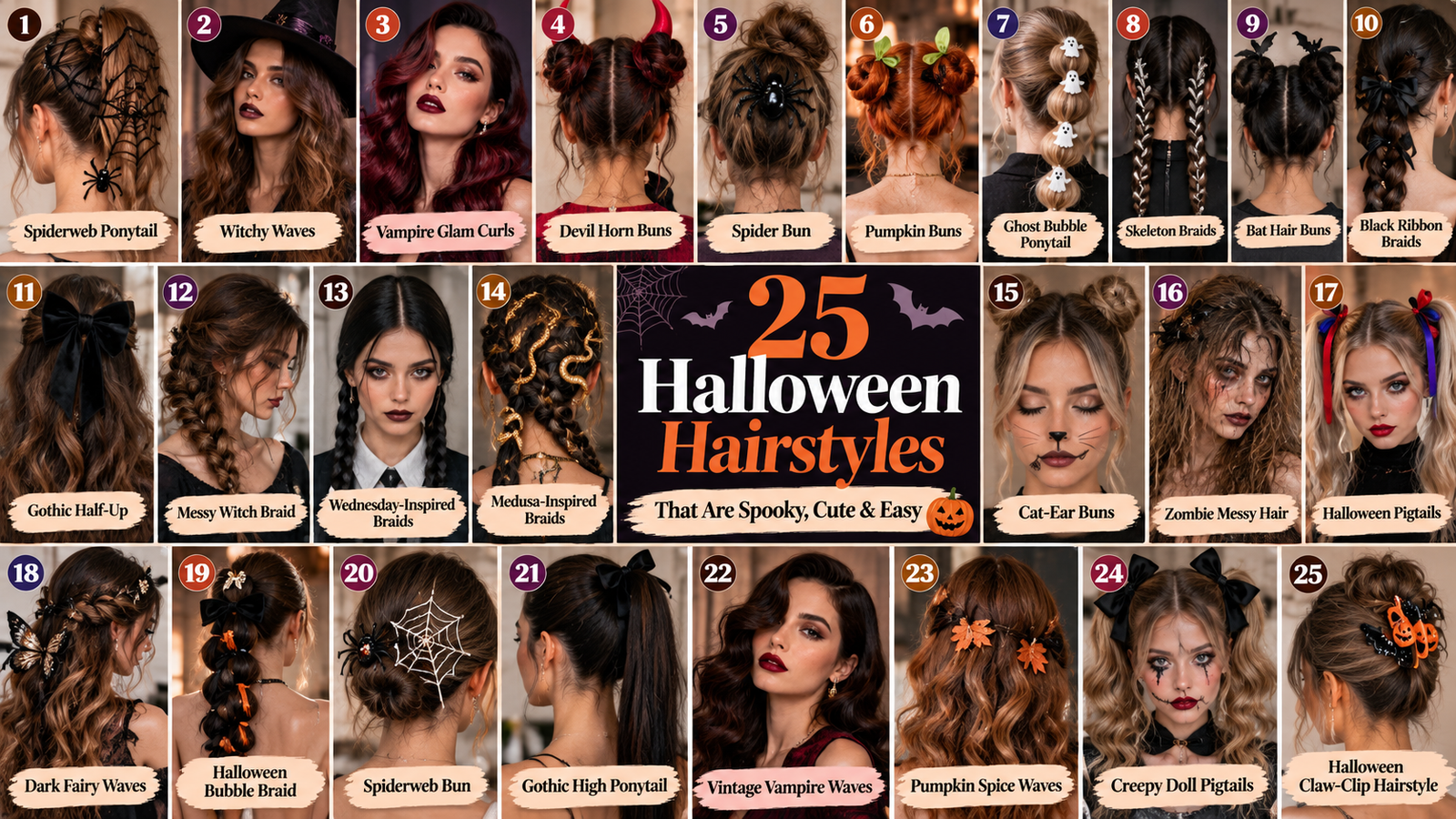 Halloween hairstyles featuring witchy waves, vampire curls, spiderweb hair, braids, spooky buns, and cute Halloween hair ideas
