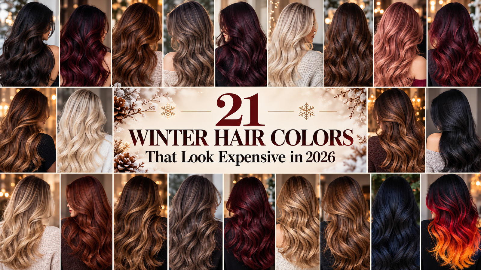 Winter hair color ideas for 2026 featuring 21 gorgeous brunette, blonde, burgundy, copper, cherry red, and fiery ombre shades. Copy Alt Text