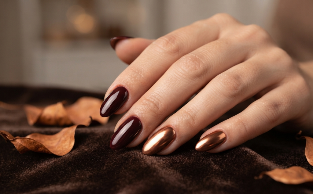 Burgundy and Copper Chrome Nails