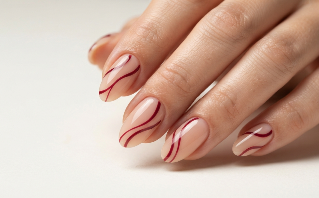 Burgundy and Nude Swirl Nails