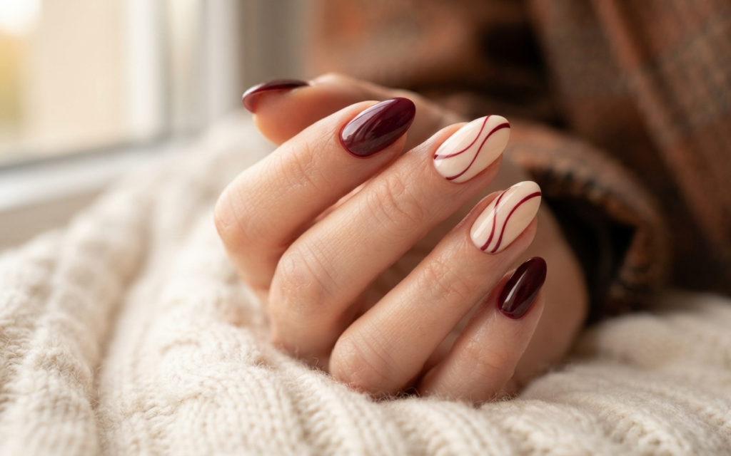 Burgundy and Cream Nails