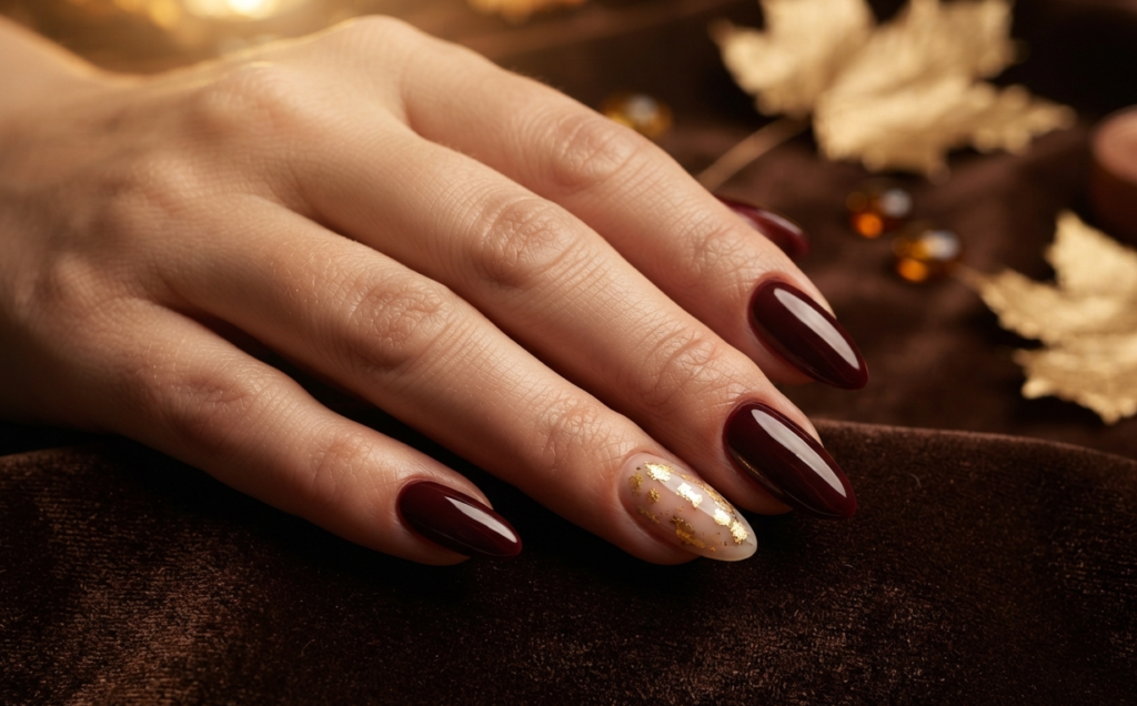 Burgundy and Gold Foil Nails