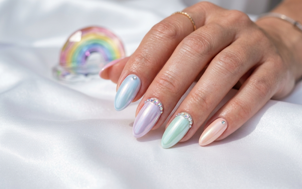 Pastel Unicorn Chrome Rhinestone Nails