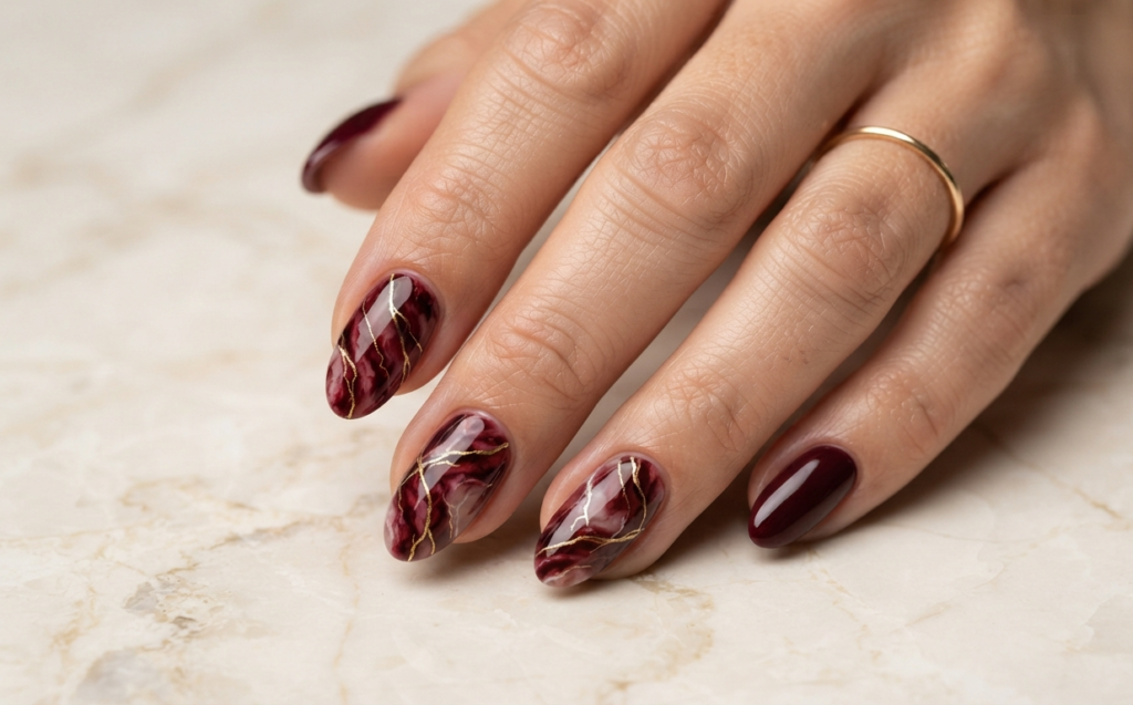 Burgundy Marble Nails