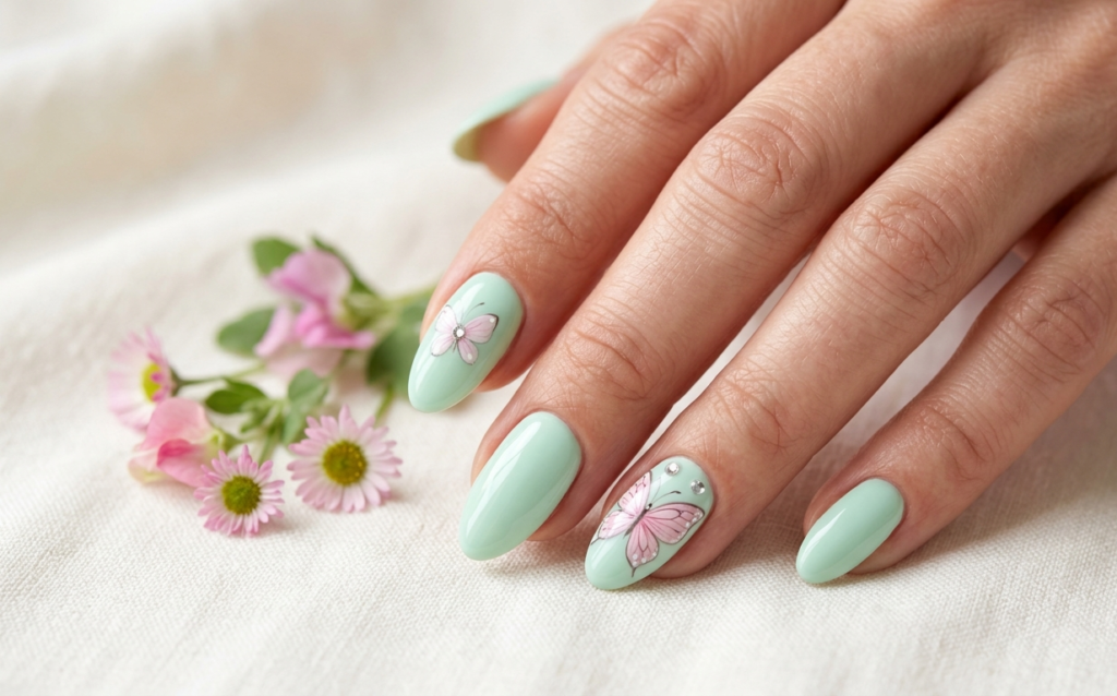 Mint Butterfly Garden Nails