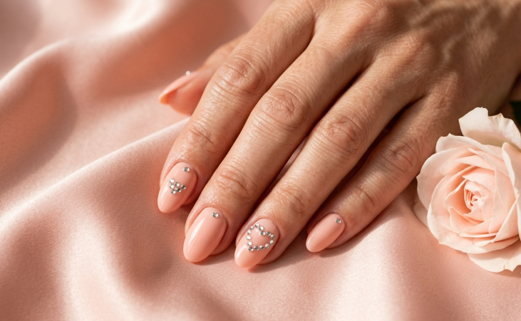 Peach Blush Crystal Heart Nails