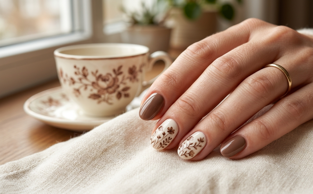 Porcelain Mocha Floral Nails