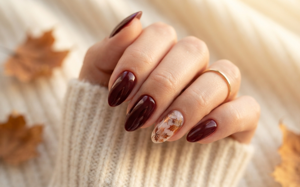 Burgundy Nails With Autumn Leaves