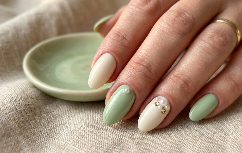 Pistachio Pearl Crystal Nails