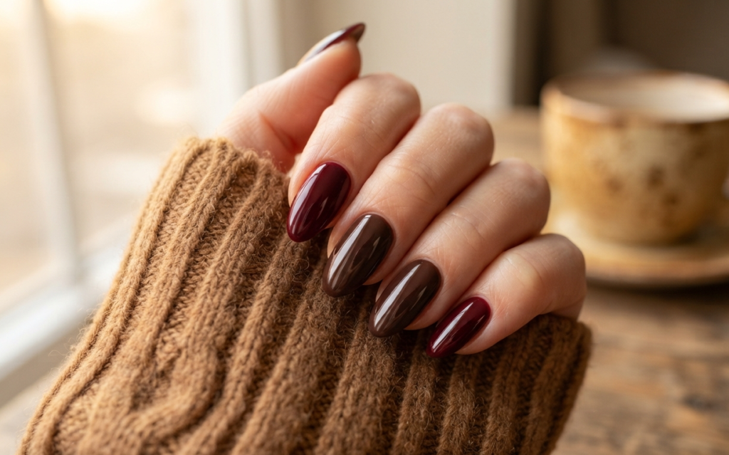 Burgundy and Chocolate Brown Nails