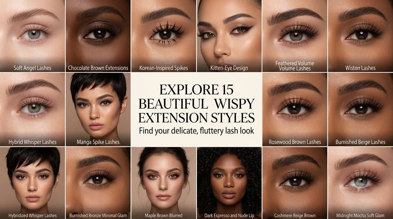 Close-up collage of wispy lash extension styles featuring natural angel lashes, brown wispy extensions, soft cat-eye lashes, hybrid lashes, and feathered volume designs.