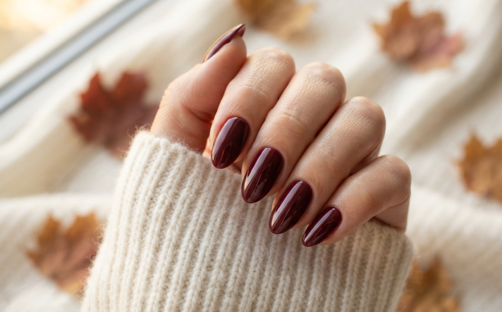 Glossy Burgundy Almond Nails