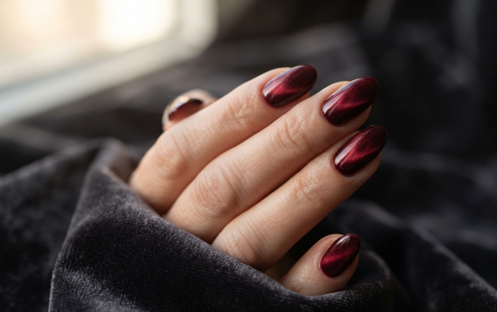 Burgundy Velvet Cat-Eye Nails