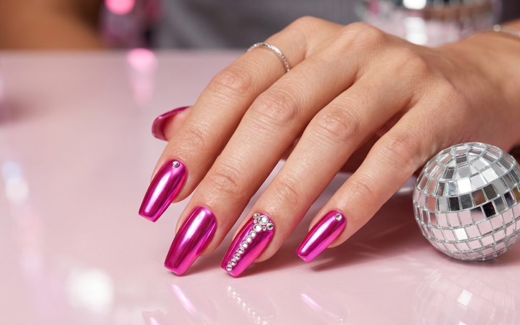Hot Pink Disco Rhinestone Nails
