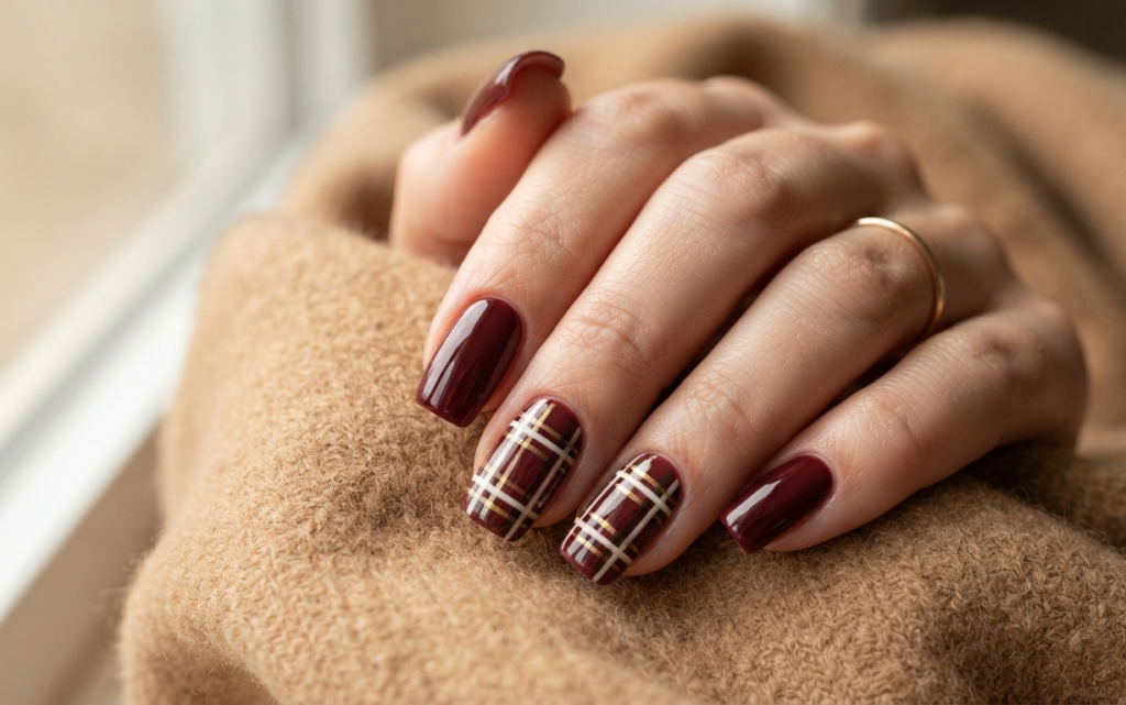 Burgundy Plaid Nails