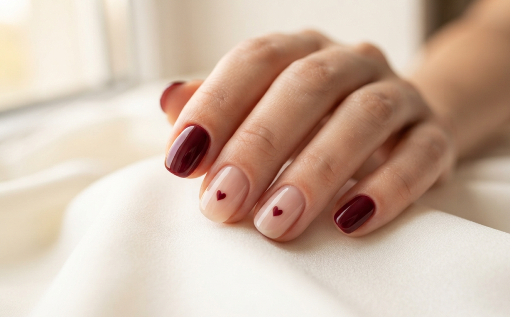 Minimal Burgundy Heart Nails