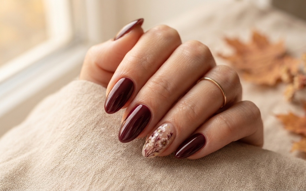 Burgundy Floral Accent Nails