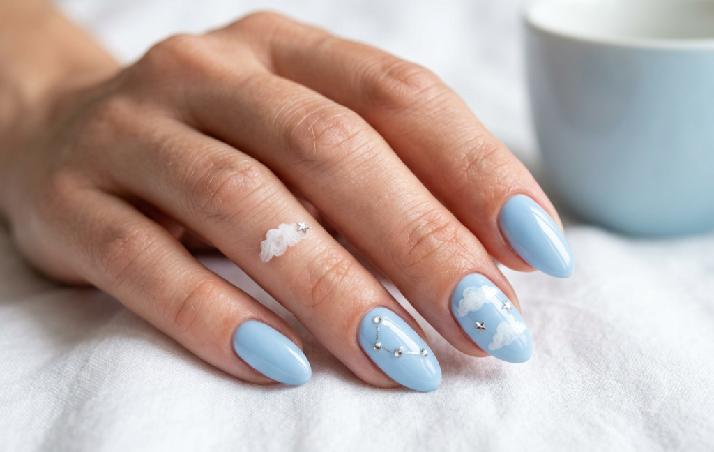 Baby Blue Cloud & Crystal Nails