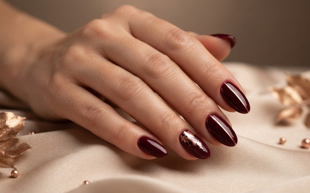 Burgundy and Rose Gold Nails