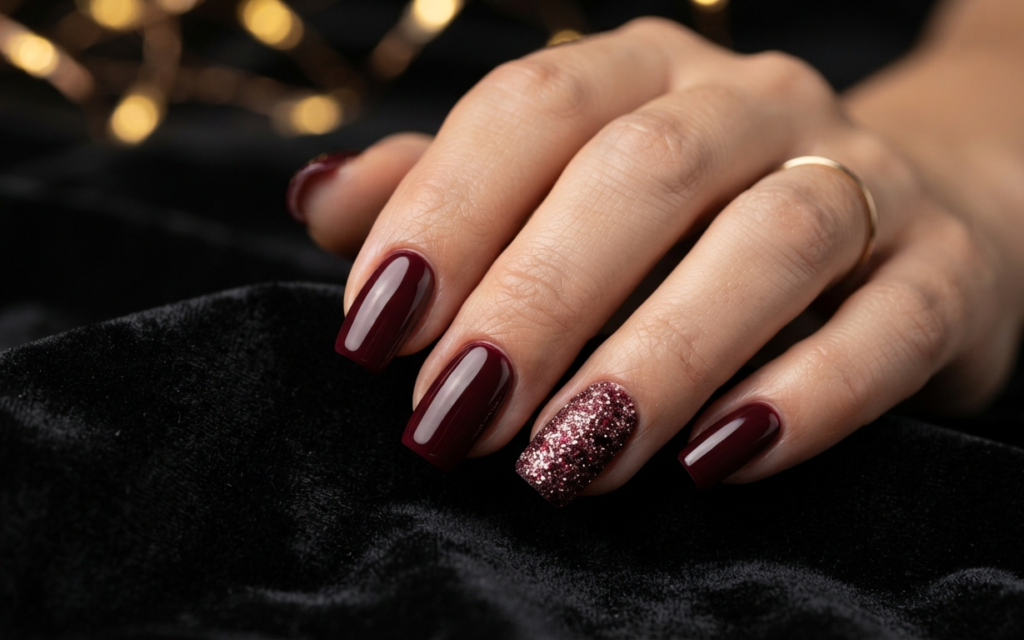 Burgundy Glitter Accent Nails