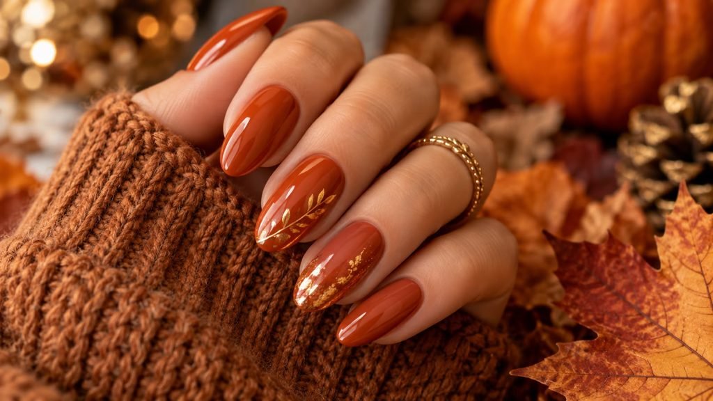 Burnt orange fall nails for Thanksgiving