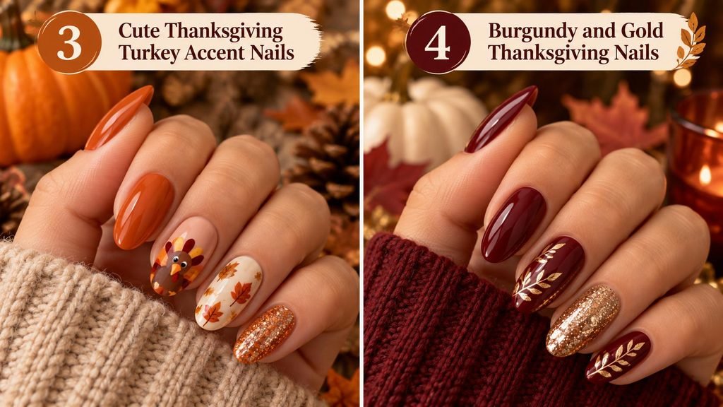 3.Cute Thanksgiving turkey accent nails with orange, cream, and autumn leaf nail art
4.Burgundy and gold Thanksgiving nails with elegant gold leaf accents and glitter
