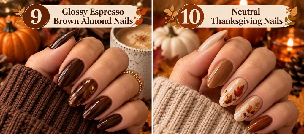 9. Glossy Espresso Brown Almond Nails
10. Neutral Thanksgiving Nails