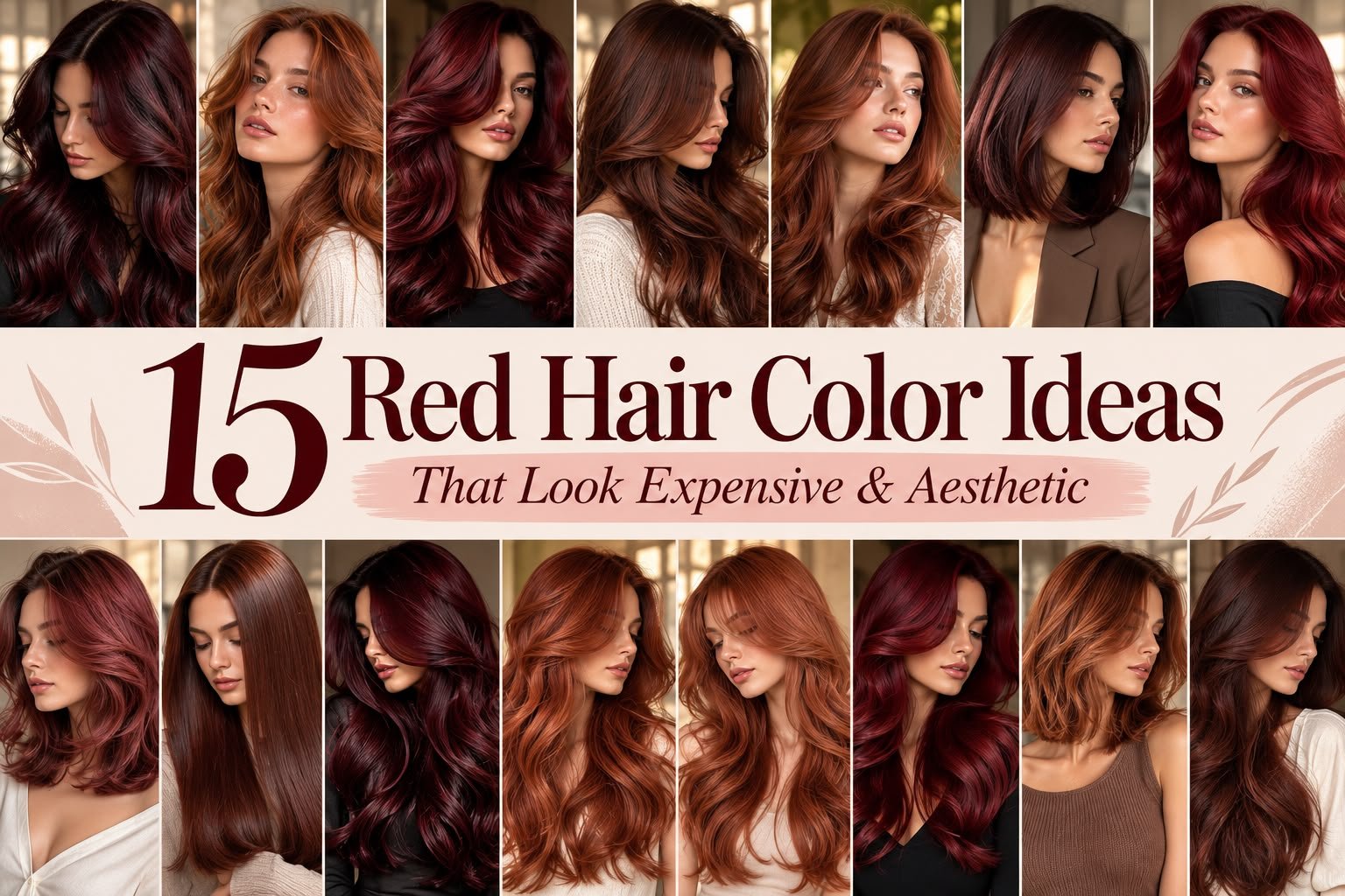 15 red hair color ideas featuring cherry noir, cinnamon copper, burgundy, auburn, and rich red-brown hairstyles.